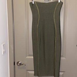 Boohoo olive green body con midi dress. Strapless. Minimal wear.